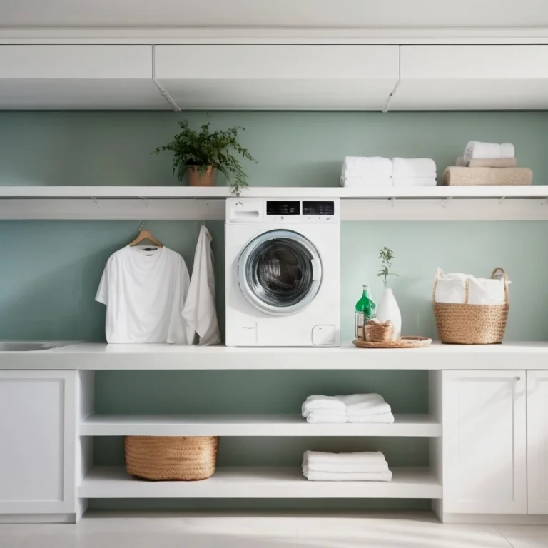 ランドリー設備とスタッフが衣類をケアする様子